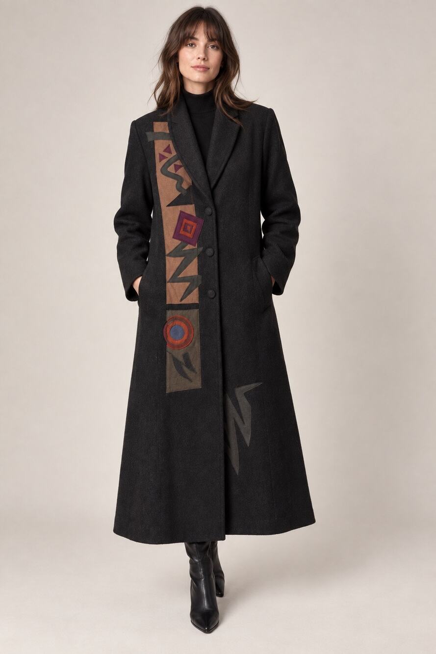 Vintage 80s Beppa Wool Folk Art Appliqué Maxi Coat XS